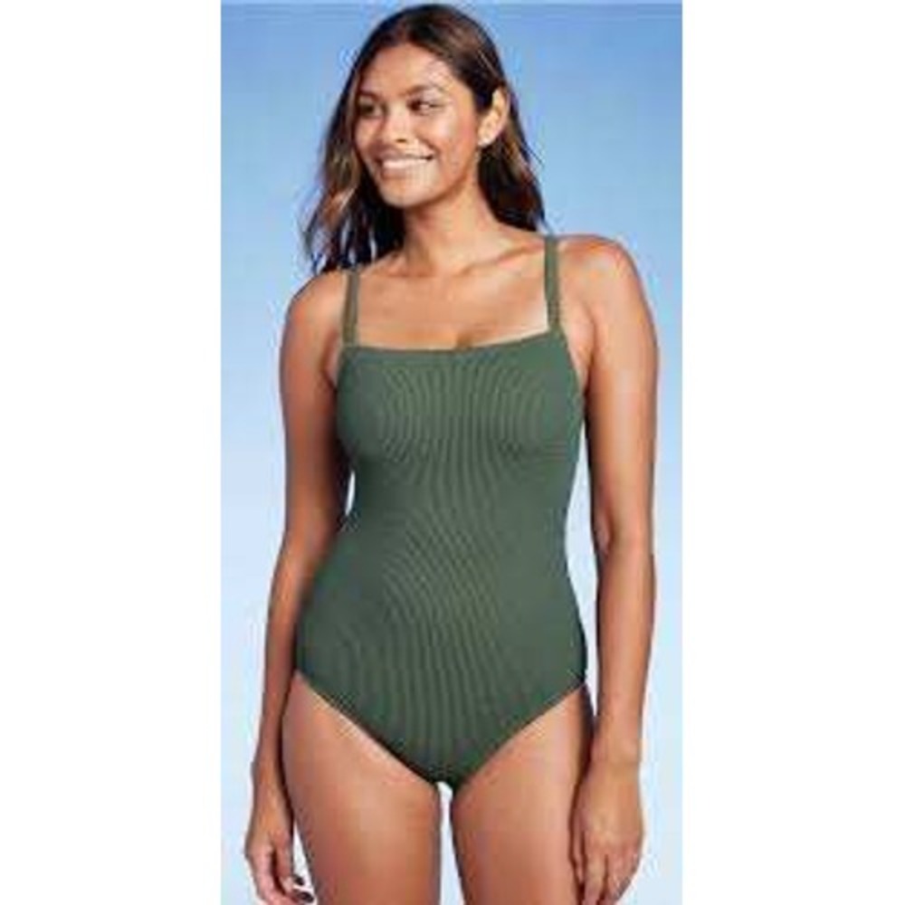 Kona Sol Womens XL Olive Green Smocked Waffle One Piece Swimsuit Open Back XL - Picture 2 of 6